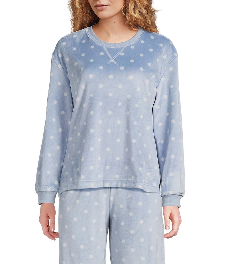Sleep Sense Polka Dot Print Velour Long Sleeve Crew Neck Coordinating Sleep Top