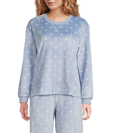 Sleep Sense Polka Dot Print Velour Long Sleeve Crew Neck Coordinating Sleep Top