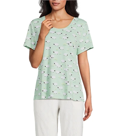 Sleep Sense Sheep Print Short Sleeve Scoop Neck Knit Coordinating Sleep Top