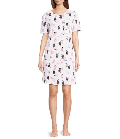 Sleep Sense Short Sleeve Crew Neck Fancy Cats Print Knit Nightgown