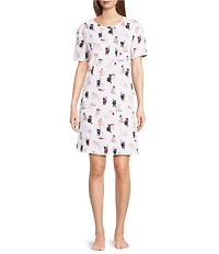 Sleep Sense Short Sleeve Crew Neck Fancy Cats Print Knit Nightgown