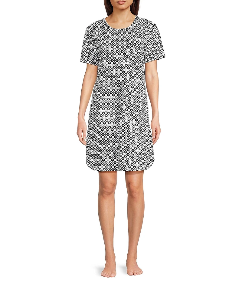 Sleep Sense Short Sleeve Crew Neck Geo Print Knit Nightgown
