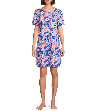 Sleep Sense Short Sleeve Crew Neck Happy Floral Print Knit Nightgown