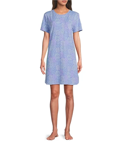 Sleep Sense Short Sleeve Crew Neck Spring Mums Print Chest Pocket Knit Nightgown