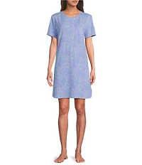 Sleep Sense Short Sleeve Crew Neck Spring Mums Print Chest Pocket Knit Nightgown