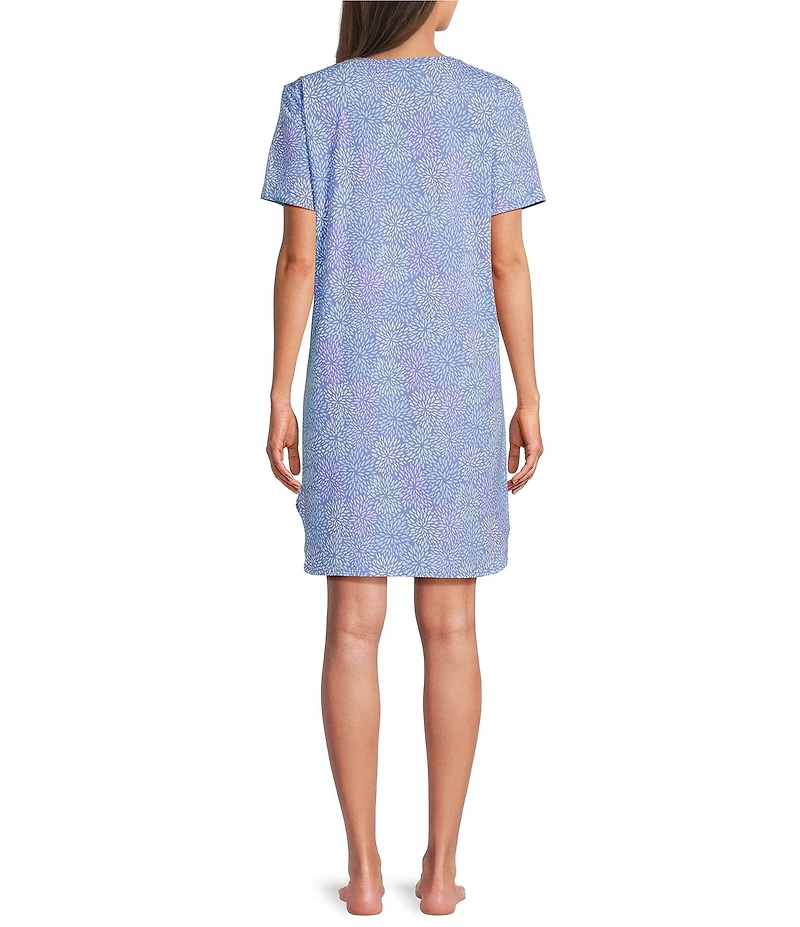 Sleep Sense Short Sleeve Crew Neck Spring Mums Print Chest Pocket Knit Nightgown