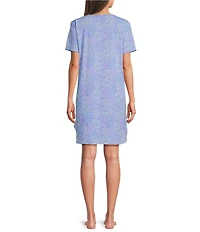 Sleep Sense Short Sleeve Crew Neck Spring Mums Print Chest Pocket Knit Nightgown