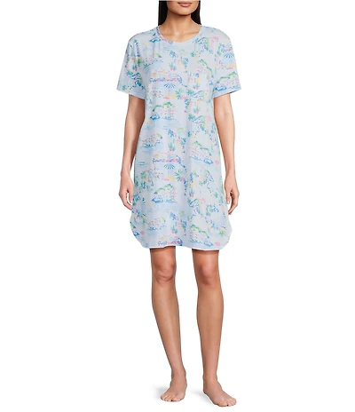 Sleep Sense Short Sleeve Crew Neck Vacay Toile Print Chest Pocket Knit Nightgown