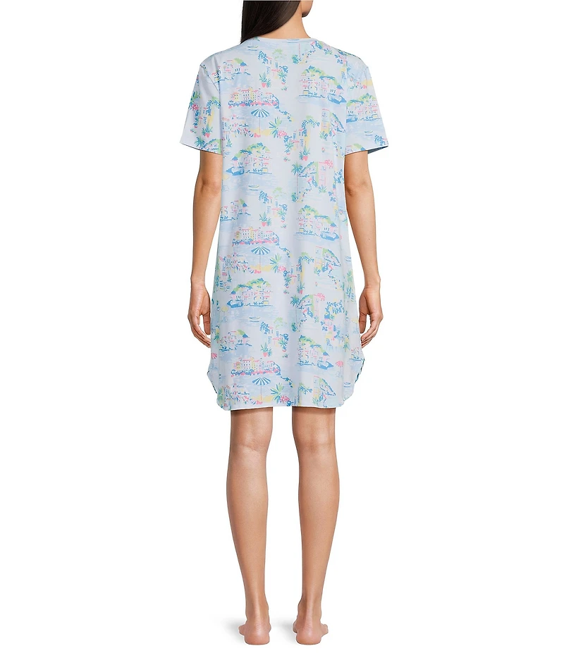 Sleep Sense Short Sleeve Crew Neck Vacay Toile Print Chest Pocket Knit Nightgown