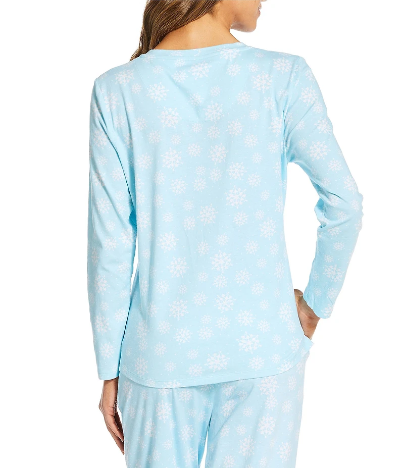 Sleep Sense Snowflake Print Knit Long Sleeve Crew Neck Coordinating Holiday Sleep Top