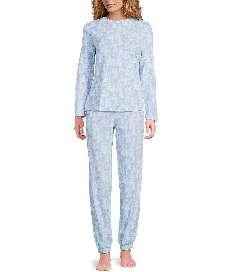 Sleep Sense Snowy Trees Print Knit Long Sleeve Crew Neck Coordinating Holiday Sleep Top