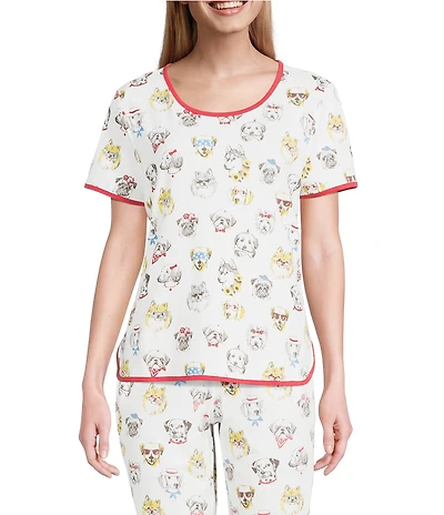 Sleep Sense Summer Dogs Print Short Sleeve Scoop Neck Knit Coordinating Sleep Top