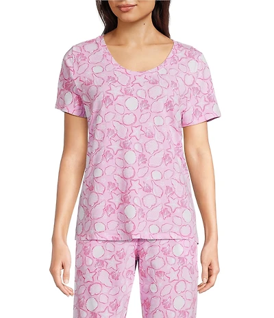 Sleep Sense Summer Shell Print Short Sleeve Scoop Neck Coordinating Sleep Top