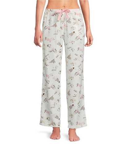 Sleep Sense Sweater Dogs Print Woven Twill Drawstring Tie Coordinating Sleep Pants