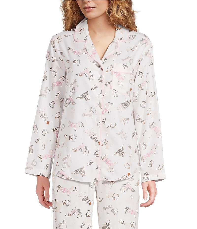 Sleep Sense Sweater Dogs Print Woven Twill Long Sleeve Notch Collar Button-Front Coordinating Sleep Shirt