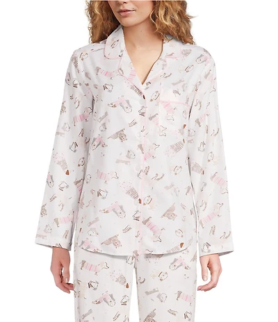 Sleep Sense Sweater Dogs Print Woven Twill Long Sleeve Notch Collar Button-Front Coordinating Sleep Shirt