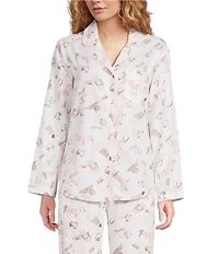 Sleep Sense Sweater Dogs Print Woven Twill Long Sleeve Notch Collar Button-Front Coordinating Sleep Shirt