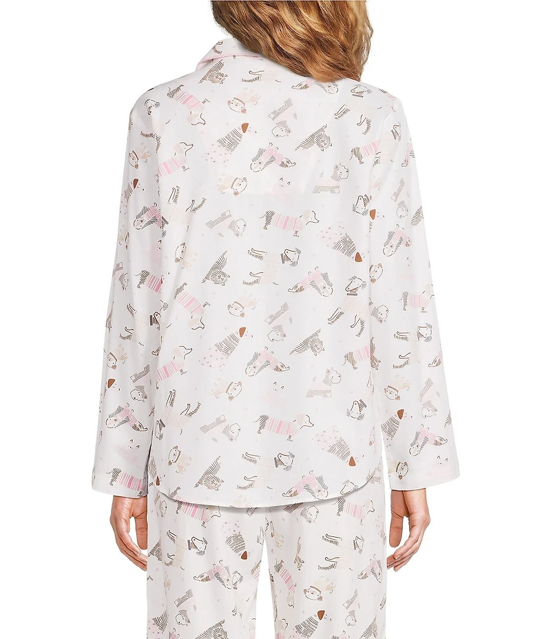Sleep Sense Sweater Dogs Print Woven Twill Long Sleeve Notch Collar Button-Front Coordinating Sleep Shirt
