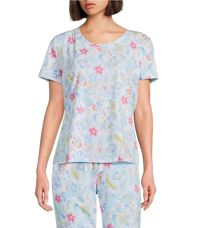 Sleep Sense Sweet Paisley Print Short Sleeve Scoop Neck Coordinating Knit Sleep Top