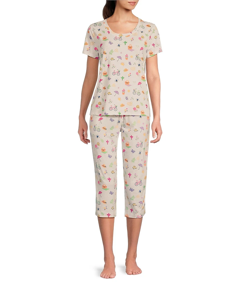 Sleep Sense Tossed Spring Knit Print Drawstring Tie Coordinating Sleep Capri Pants