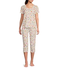Sleep Sense Tossed Spring Knit Print Drawstring Tie Coordinating Sleep Capri Pants
