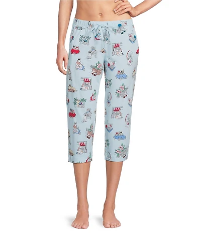 Sleep Sense Travel Cats Knit Print Drawstring Tie Coordinating Sleep Capri Pants