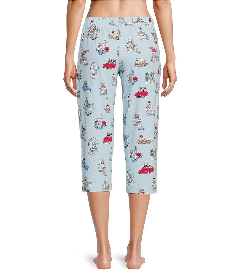 Sleep Sense Travel Cats Knit Print Drawstring Tie Coordinating Sleep Capri Pants