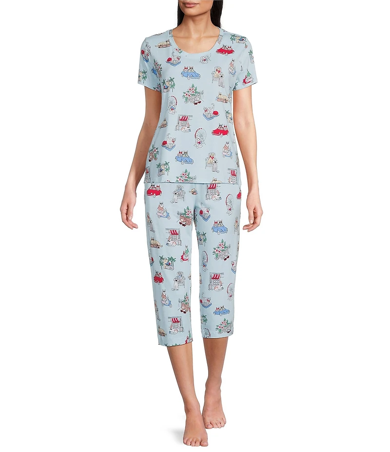 Sleep Sense Travel Cats Knit Print Drawstring Tie Coordinating Sleep Capri Pants