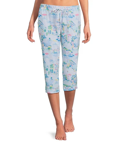 Sleep Sense Vacay Toile Knit Print Drawstring Tie Coordinating Sleep Capri Pants