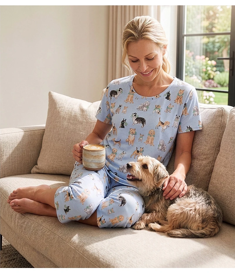 Sleep Sense Watercolor Pup Print Knit Drawstring Tie Coordinating Sleep Pants