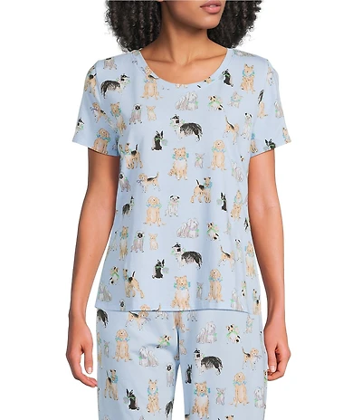 Sleep Sense Watercolor Pup Print Short Sleeve Scoop Neck Coordinating Knit Sleep Top