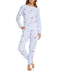 Sleep Sense Winter Birds Print Knit Drawstring Tie Coordinating Holiday Sleep Joggers