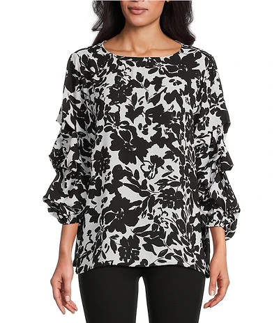 Slim Factor By Investments Black/White Ink Stroked Floral Print Kara Boat Neck 3/4 Tiered Sleeve Top