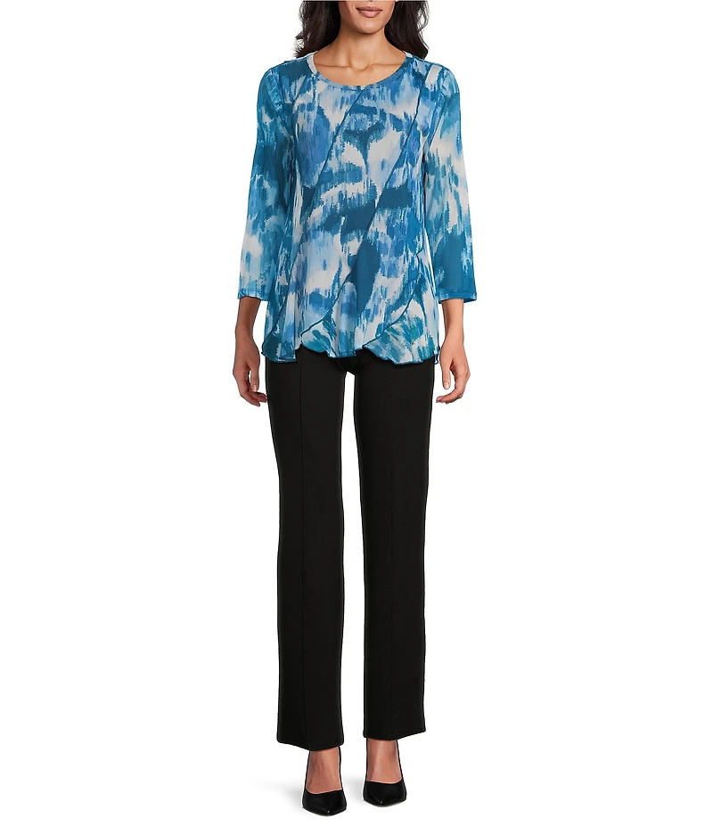 Slim Factor by Investments Blur Print Crew Neck Long Sleeve Ruffled Hem Lined Top