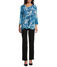 Slim Factor by Investments Blur Print Crew Neck Long Sleeve Ruffled Hem Lined Top