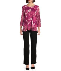 Slim Factor by Investments Blur Print Crew Neck Long Sleeve Ruffled Hem Lined Top