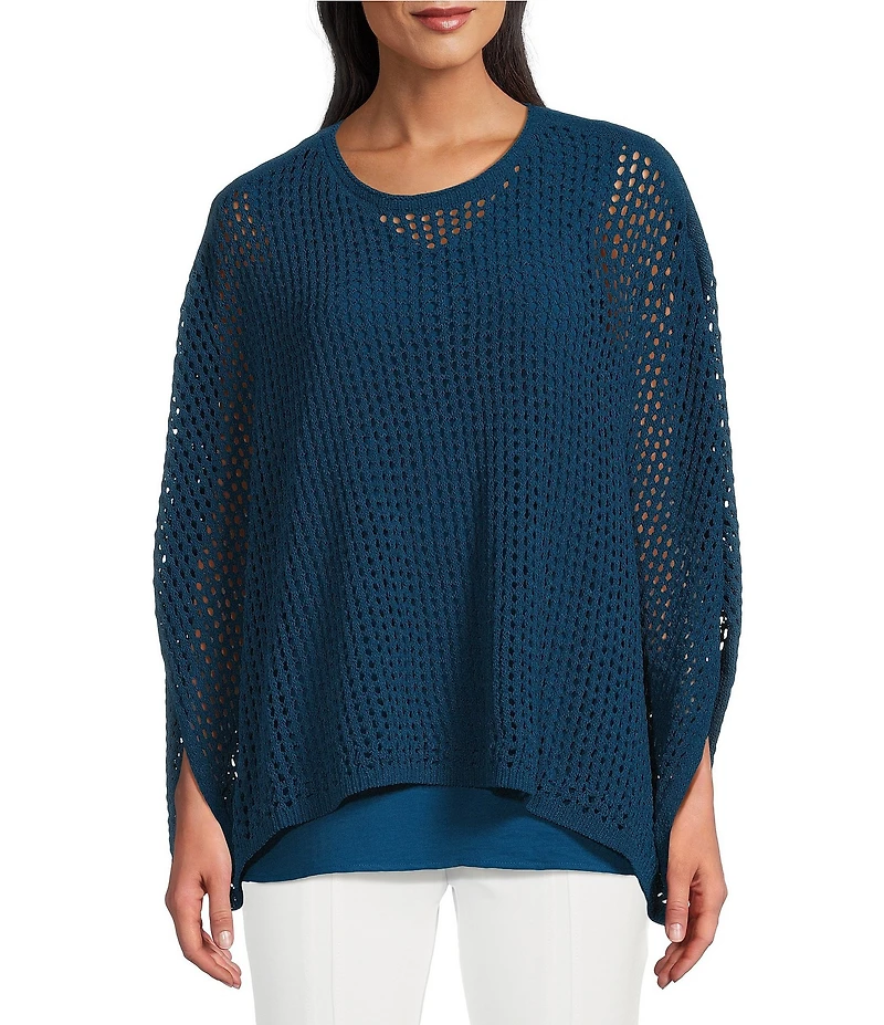 Slim Factor by Investments Boat Neck 3/4 Sleeve Lined Crochet Twofer Top