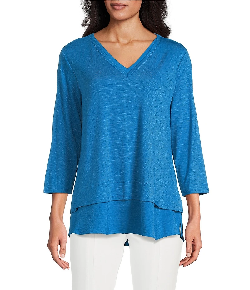 Slim Factor by Investments Chloe V-Neck 3/4 Sleeve Mixed Media Top
