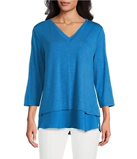 Slim Factor by Investments Chloe V-Neck 3/4 Sleeve Mixed Media Top