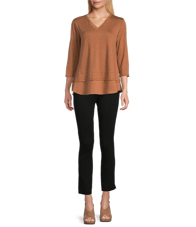 Slim Factor by Investments Chloe V-Neck 3/4 Sleeve Mixed Media Top