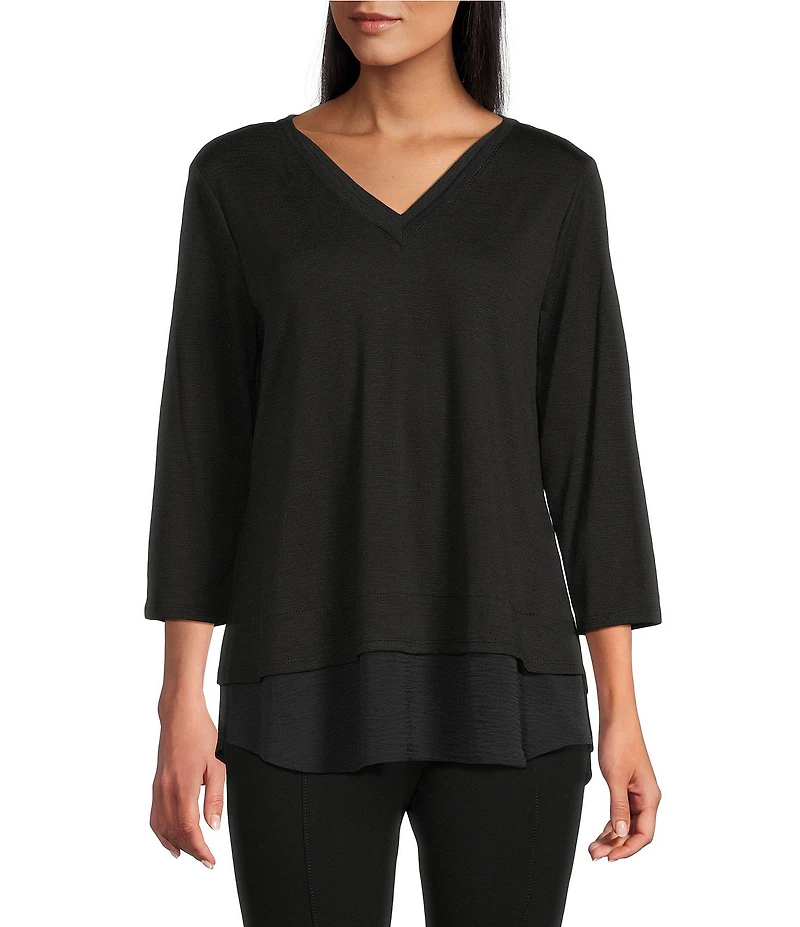 Slim Factor by Investments Chloe V-Neck 3/4 Sleeve Mixed Media Top