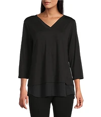 Slim Factor by Investments Chloe V-Neck 3/4 Sleeve Mixed Media Top
