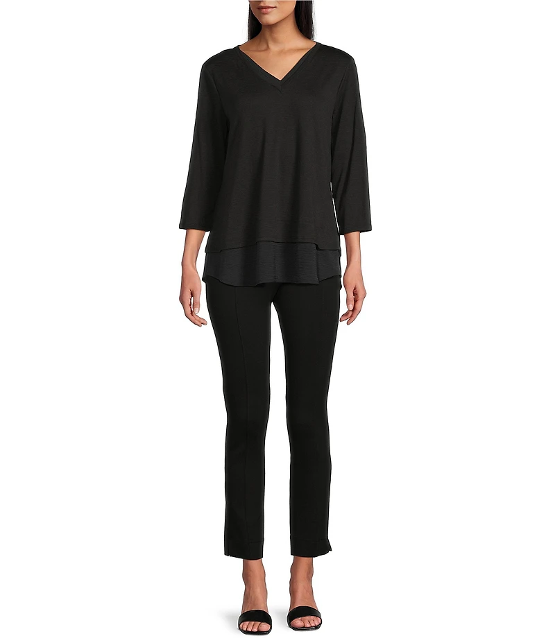 Slim Factor by Investments Chloe V-Neck 3/4 Sleeve Mixed Media Top
