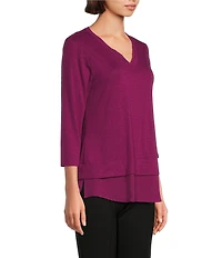 Slim Factor by Investments Chloe V-Neck 3/4 Sleeve Mixed Media Top