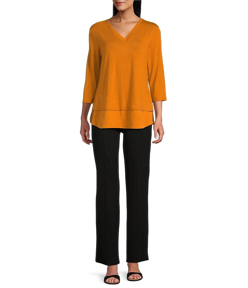 Slim Factor by Investments Chloe V-Neck 3/4 Sleeve Mixed Media Top