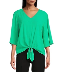 Slim Factor By Investments Dylan Puckered Stripe Tie Front V-Neck 3/4 Sleeve Top