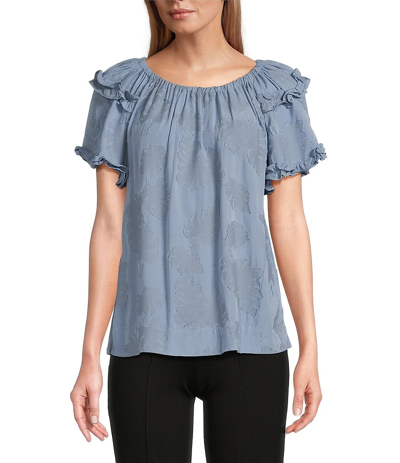 Slim Factor By Investments Heidi Palm Jacquard Elastic Linen Blend Crew Neckline Short Sleeve Top
