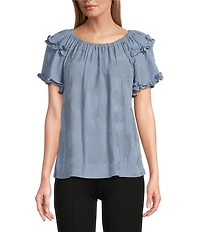 Slim Factor By Investments Heidi Palm Jacquard Elastic Linen Blend Crew Neckline Short Sleeve Top