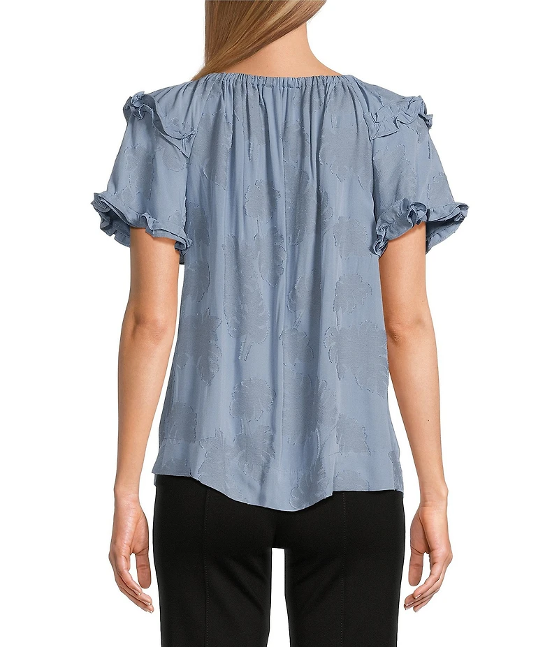 Slim Factor By Investments Heidi Palm Jacquard Elastic Linen Blend Crew Neckline Short Sleeve Top