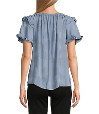 Slim Factor By Investments Heidi Palm Jacquard Elastic Linen Blend Crew Neckline Short Sleeve Top